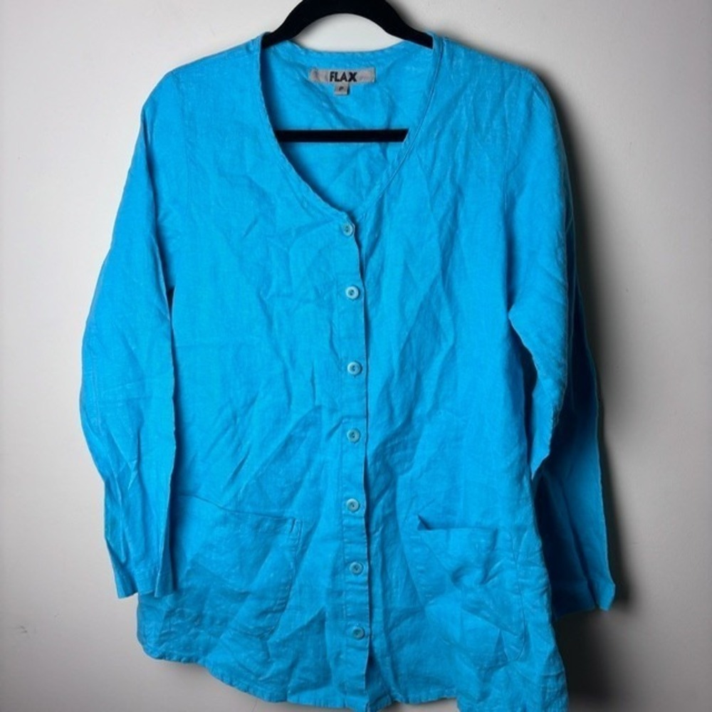 Womens P-US4 FLAX Blouse Top Blue Linen Button Front Long Sleeve Classic Pockets